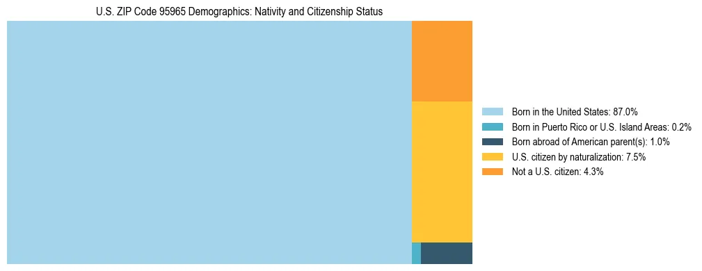 Treemap showing the population distribution by nativity and citizenship status in US ZIP Code 95965 based on U.S. Census data.
