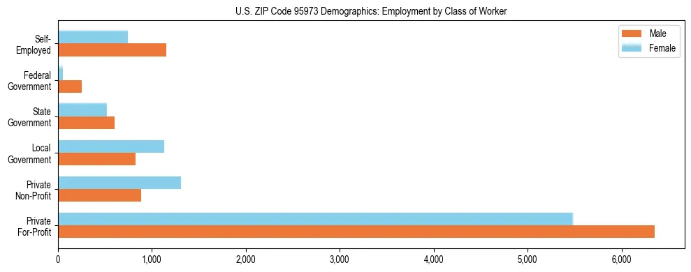 Horizontal bar chart showing employment distribution by class of worker and gender in US ZIP Code 95973, based on 2023 ACS data.