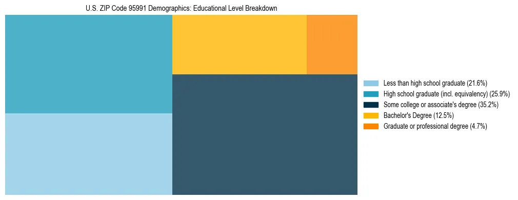 Treemap chart illustrating the educational attainment breakdown for population 25 years and over in US ZIP Code 95991.