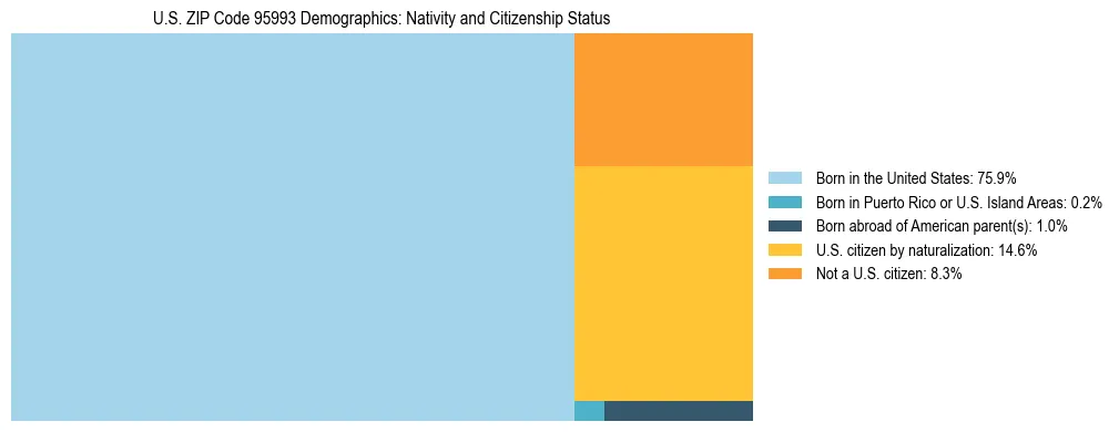 Treemap showing the population distribution by nativity and citizenship status in US ZIP Code 95993 based on U.S. Census data.