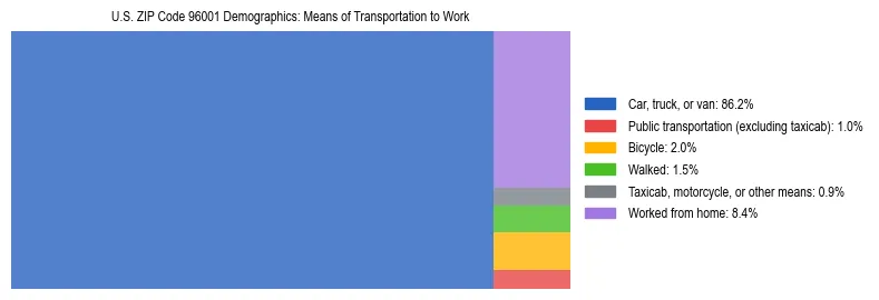 Treemap showing means of transportation to work distribution in US ZIP Code 96001.
