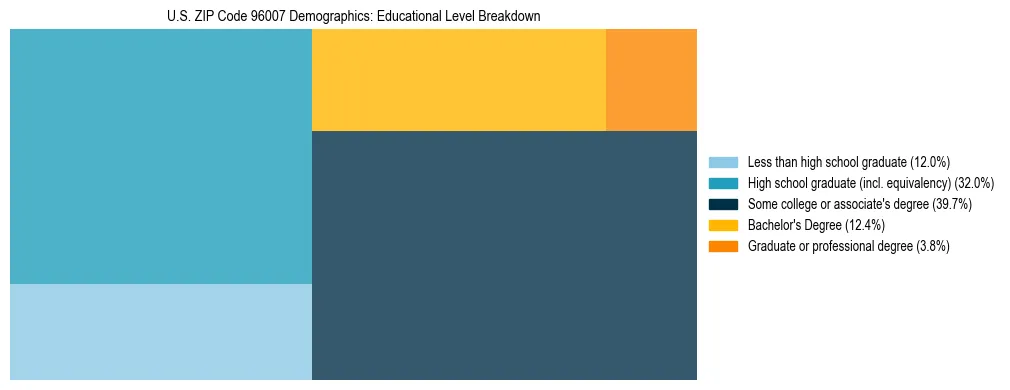 Treemap chart illustrating the educational attainment breakdown for population 25 years and over in US ZIP Code 96007.