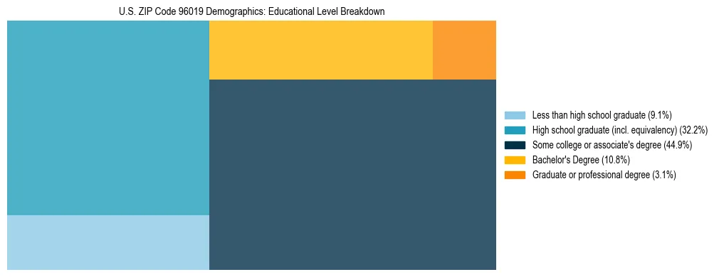 Treemap chart illustrating the educational attainment breakdown for population 25 years and over in US ZIP Code 96019.