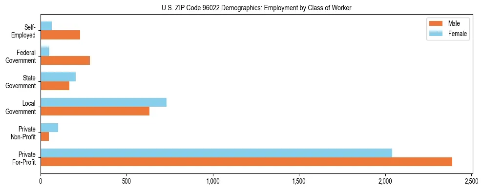 Horizontal bar chart showing employment distribution by class of worker and gender in US ZIP Code 96022, based on 2023 ACS data.