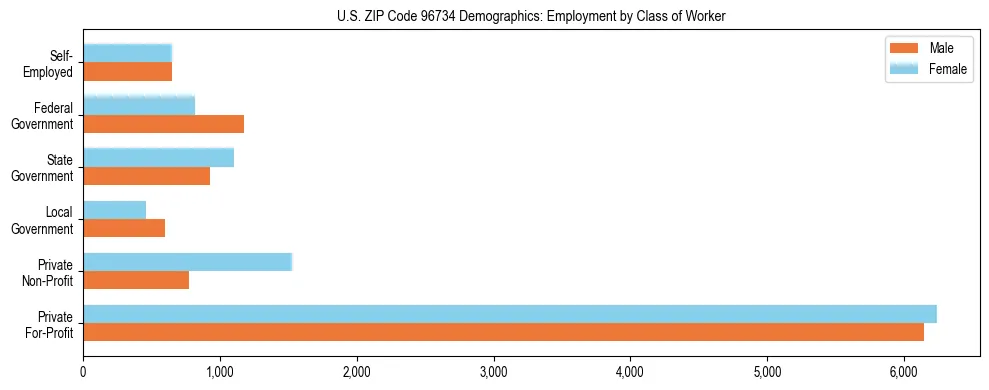 Horizontal bar chart showing employment distribution by class of worker and gender in US ZIP Code 96734, based on 2023 ACS data.