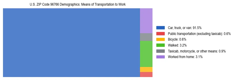 Treemap showing means of transportation to work distribution in US ZIP Code 96766.