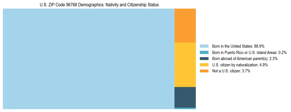 Treemap showing the population distribution by nativity and citizenship status in US ZIP Code 96768 based on U.S. Census data.