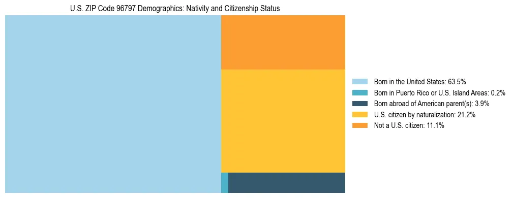 Treemap showing the population distribution by nativity and citizenship status in US ZIP Code 96797 based on U.S. Census data.