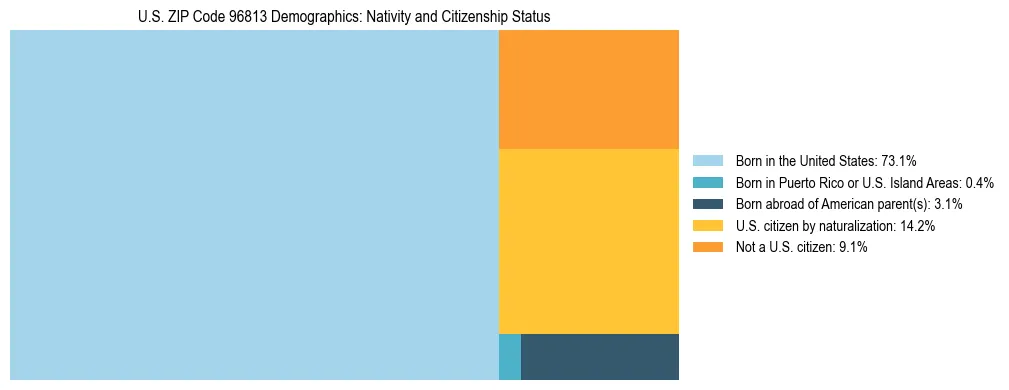 Treemap showing the population distribution by nativity and citizenship status in US ZIP Code 96813 based on U.S. Census data.