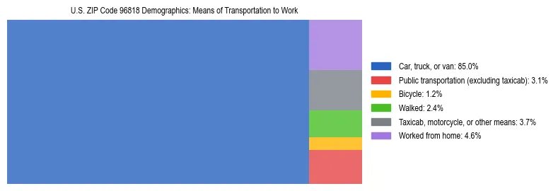 Treemap showing means of transportation to work distribution in US ZIP Code 96818.