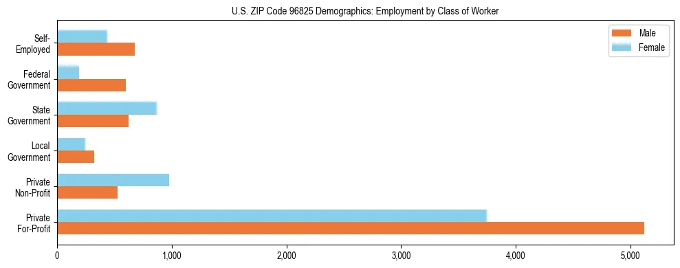Horizontal bar chart showing employment distribution by class of worker and gender in US ZIP Code 96825, based on 2023 ACS data.