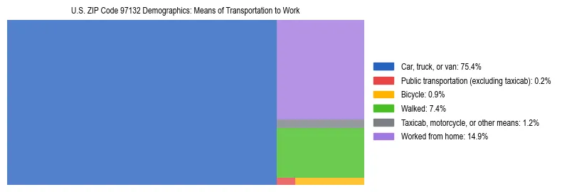 Treemap chart illustrating how workers in US ZIP Code 97132 commute to work based on 2023 ACS data.