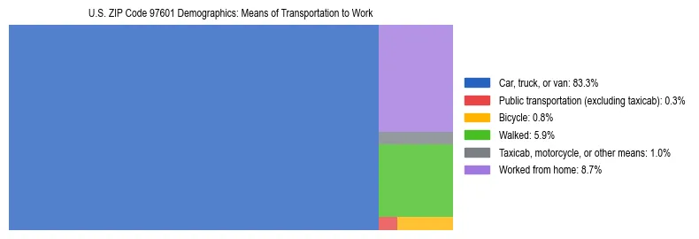 Treemap chart illustrating how workers in US ZIP Code 97601 commute to work based on 2023 ACS data.