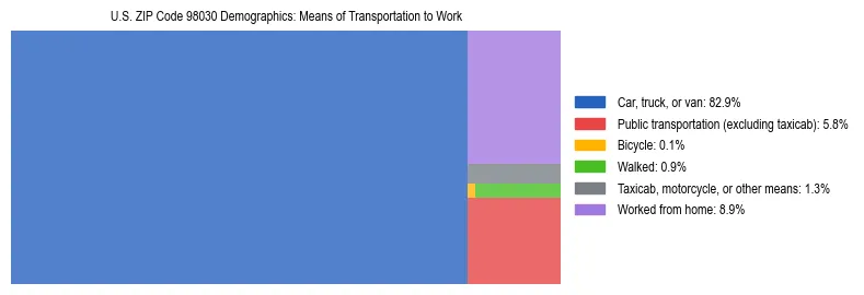 Treemap chart illustrating how workers in US ZIP Code 98030 commute to work based on 2023 ACS data.