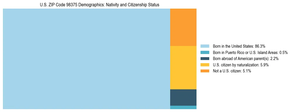Treemap showing population distribution by nativity and citizenship status in US ZIP Code 98375 based on 2023 ACS data.