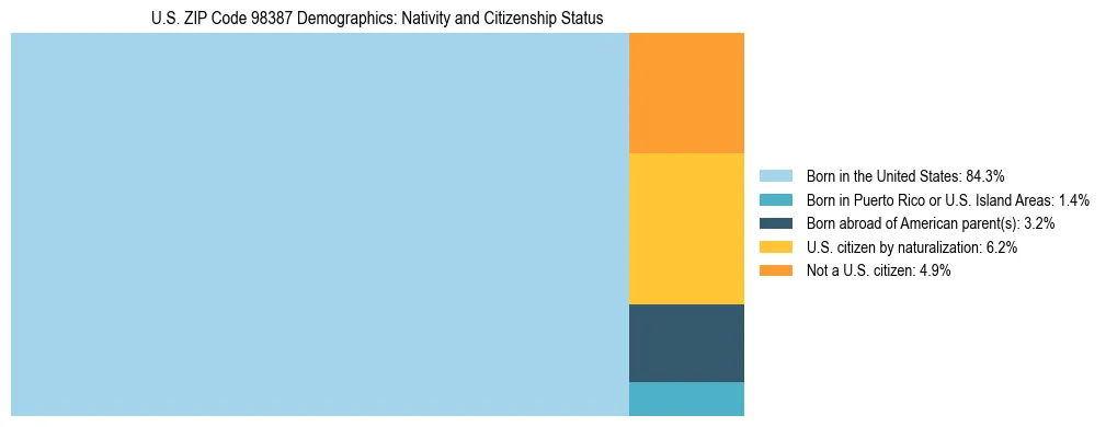 Treemap showing population distribution by nativity and citizenship status in US ZIP Code 98387 based on 2023 ACS data.