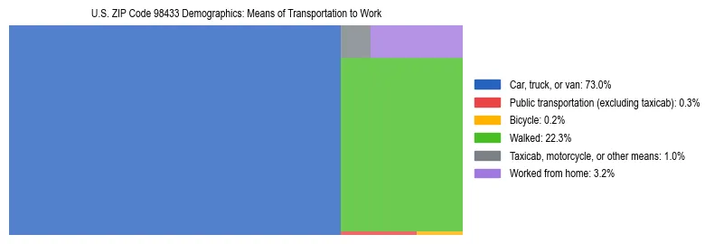 Treemap chart illustrating how workers in US ZIP Code 98433 commute to work based on 2023 ACS data.