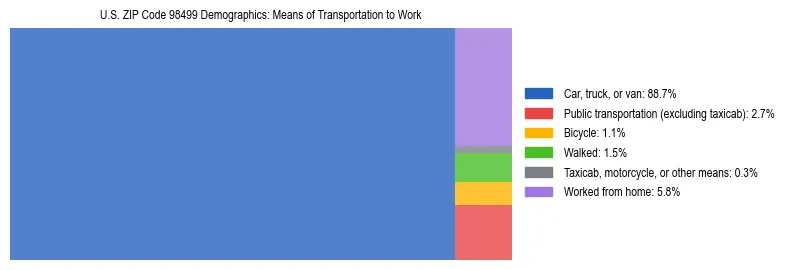 Treemap chart illustrating how workers in US ZIP Code 98499 commute to work based on 2023 ACS data.