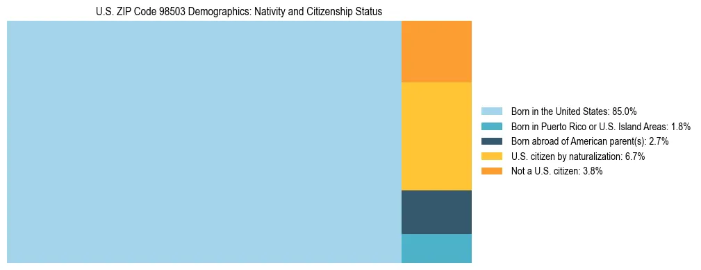Treemap showing population distribution by nativity and citizenship status in US ZIP Code 98503 based on 2023 ACS data.