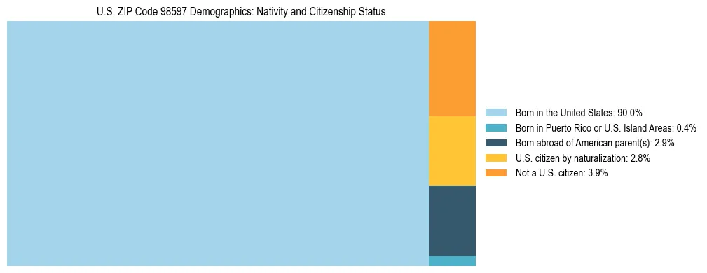 Treemap showing population distribution by nativity and citizenship status in US ZIP Code 98597 based on 2023 ACS data.