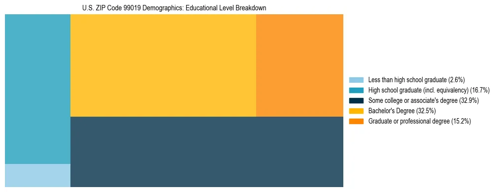 Treemap chart illustrating educational attainment levels for adults 25+ in US ZIP Code 99019 based on 2023 ACS data.
