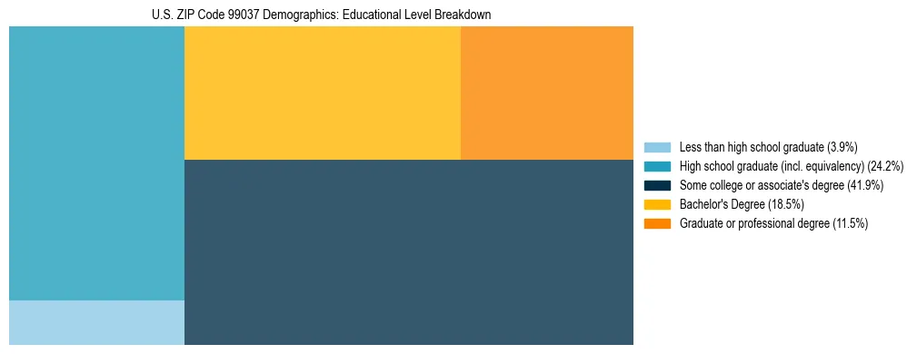 Treemap chart illustrating educational attainment levels for adults 25+ in US ZIP Code 99037 based on 2023 ACS data.