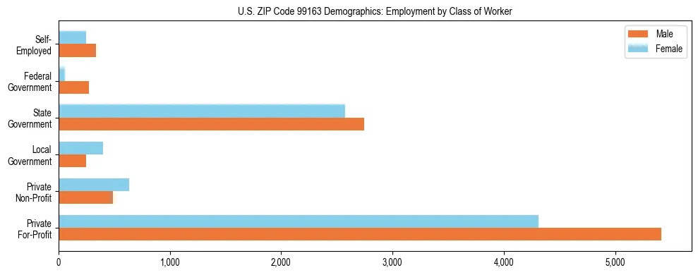 Bar chart showing employment distribution by class of worker (Private, Government, Self-Employed) in US ZIP Code 99163 based on 2023 ACS data.