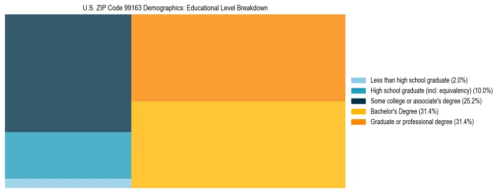 Treemap chart illustrating educational attainment levels for adults 25+ in US ZIP Code 99163 based on 2023 ACS data.