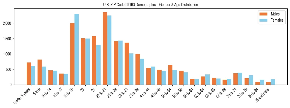 Population pyramid for US ZIP Code 99163 showing male vs female age distribution based on 2023 ACS data.