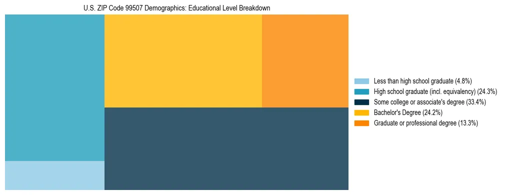 Treemap chart illustrating educational attainment levels for adults 25+ in US ZIP Code 99507 based on 2023 ACS data.