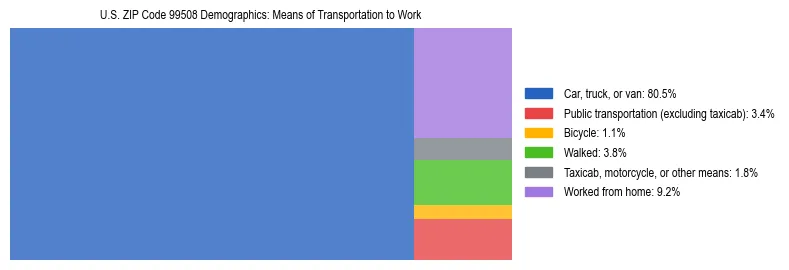 Treemap chart illustrating how workers in US ZIP Code 99508 commute to work based on 2023 ACS data.