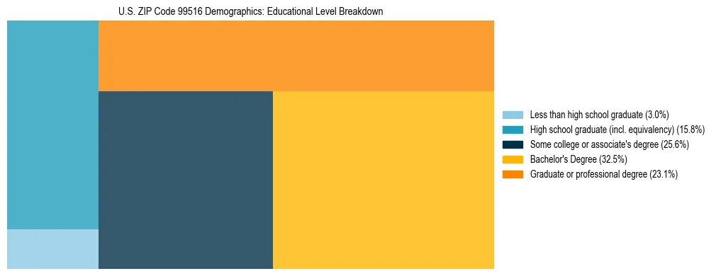 Treemap chart illustrating educational attainment levels for adults 25+ in US ZIP Code 99516 based on 2023 ACS data.