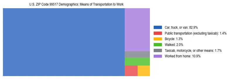 Treemap chart illustrating how workers in US ZIP Code 99517 commute to work based on 2023 ACS data.