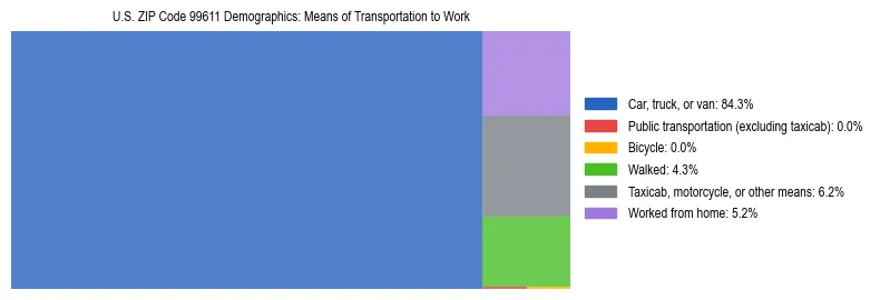Treemap chart illustrating how workers in US ZIP Code 99611 commute to work based on 2023 ACS data.
