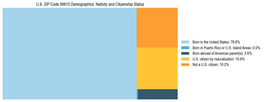 Treemap showing population distribution by nativity and citizenship status in US ZIP Code 99615 based on 2023 ACS data.