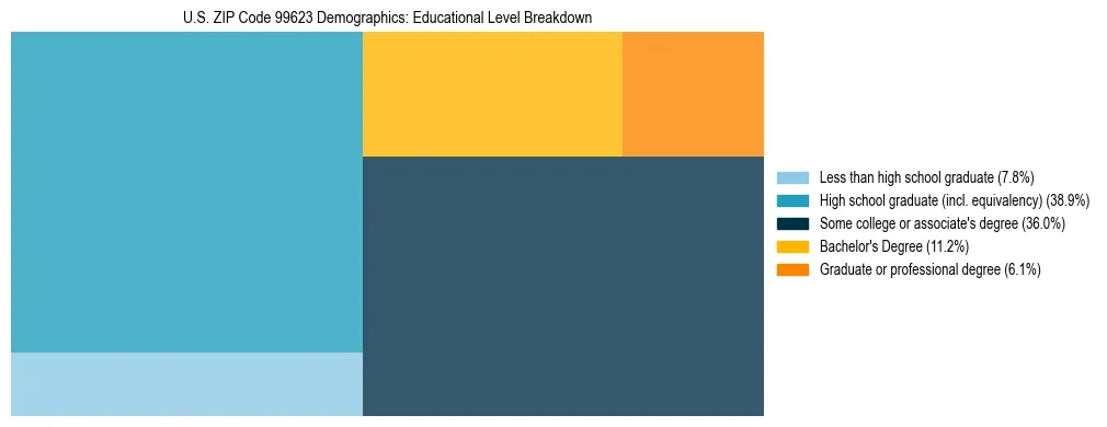 Treemap chart illustrating educational attainment levels for adults 25+ in US ZIP Code 99623 based on 2023 ACS data.