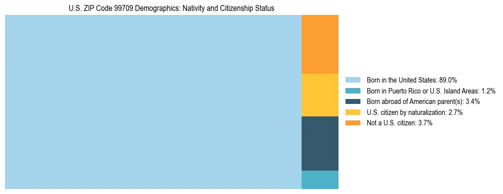 Treemap showing population distribution by nativity and citizenship status in US ZIP Code 99709 based on 2023 ACS data.