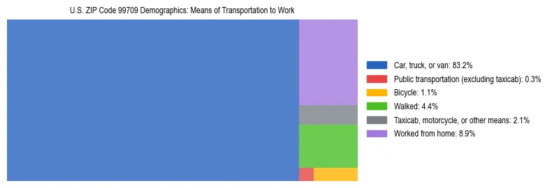 Treemap chart illustrating how workers in US ZIP Code 99709 commute to work based on 2023 ACS data.