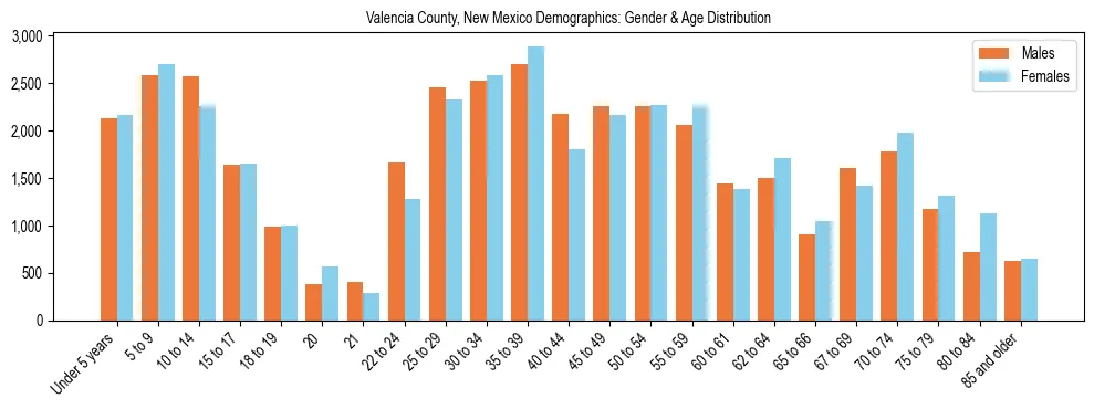 Bar chart showing the population distribution of Valencia County, New Mexico by age group and gender, based on 2023 ACS data.