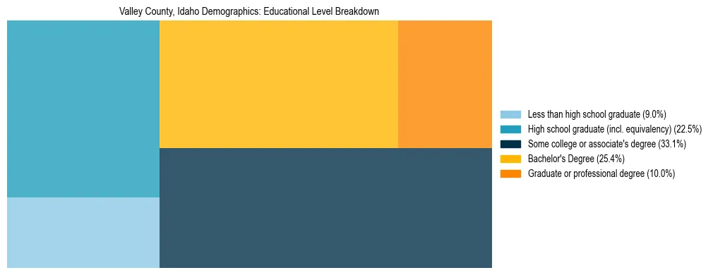 Treemap chart illustrating the educational attainment breakdown for population 25 years and over in Valley County, Idaho.