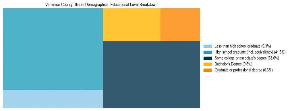 Treemap chart illustrating the educational attainment breakdown for population 25 years and over in Vermilion County, Illinois.