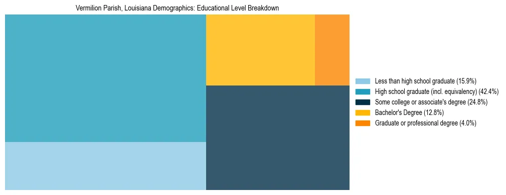 Treemap chart illustrating the educational attainment breakdown for population 25 years and over in Vermilion Parish, Louisiana.