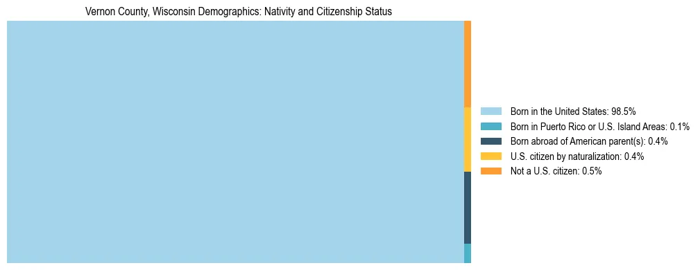 Treemap showing the population distribution by nativity and citizenship status in Vernon County, Wisconsin based on U.S. Census data.