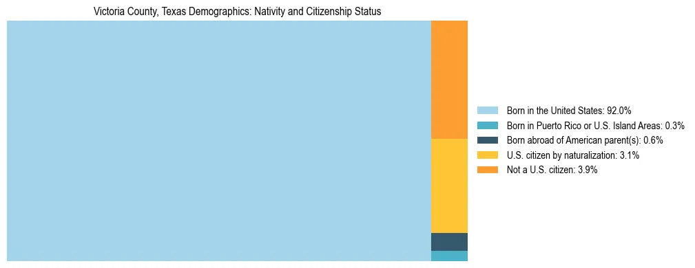 Treemap showing the population distribution by nativity and citizenship status in Victoria County, Texas based on U.S. Census data.