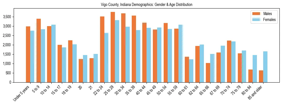 Bar chart showing the population distribution of Vigo County, Indiana by age group and gender, based on 2023 ACS data.