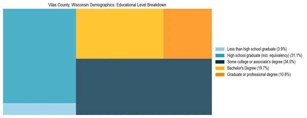 Treemap chart illustrating the educational attainment breakdown for population 25 years and over in Vilas County, Wisconsin.
