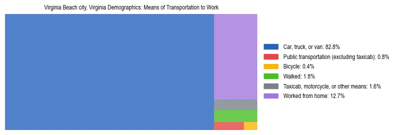 Treemap showing means of transportation to work distribution in Virginia Beach city, Virginia.