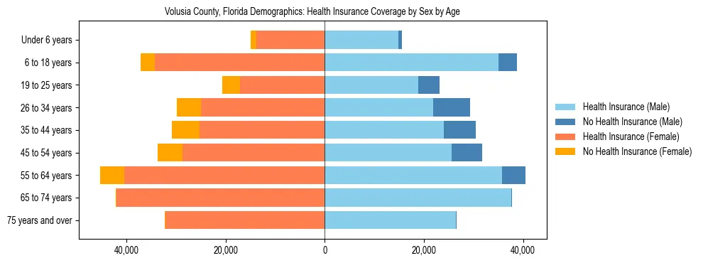 Pyramid chart showing health insurance coverage by age and sex in Volusia County, Florida.