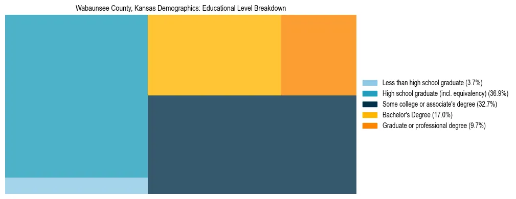Treemap chart illustrating the educational attainment breakdown for population 25 years and over in Wabaunsee County, Kansas.