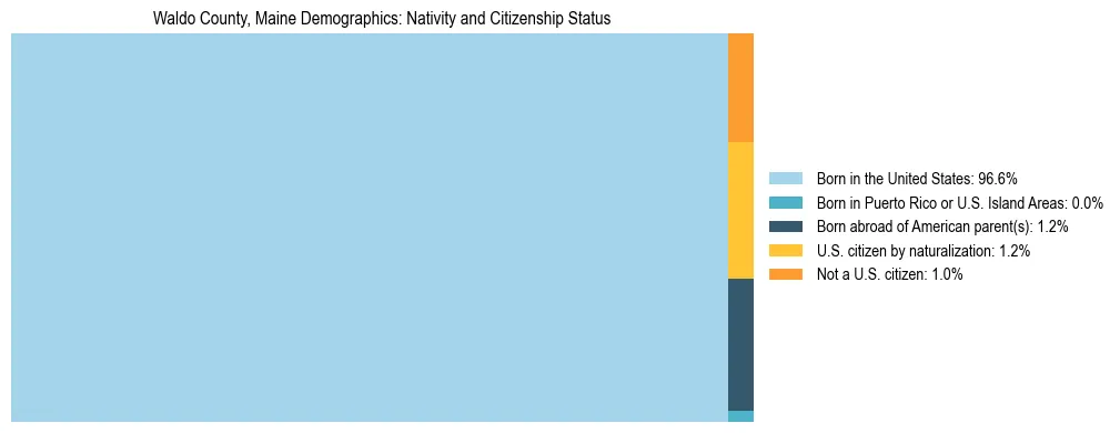 Treemap showing population distribution by nativity and citizenship status in Waldo County, Maine based on 2023 ACS data.